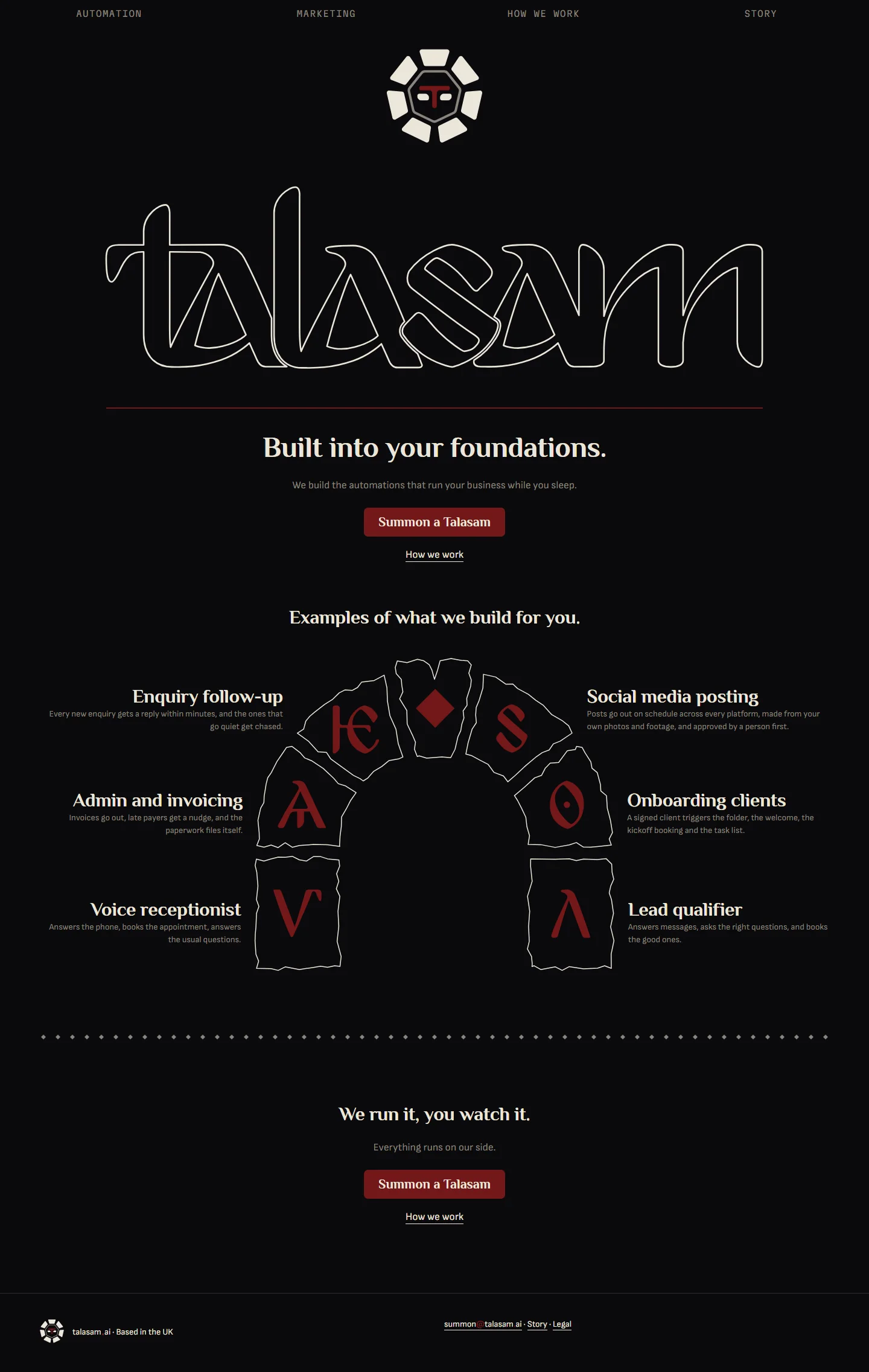 The Talasam landing page. The outlined wordmark sits over “Built into your foundations.” and a Summon button, then six examples of what we build around an arch of stones carved with runes, then “We run it, you watch it.”