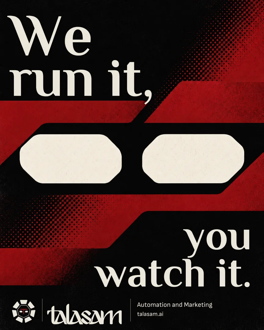 The paired eye shapes from Talasam’s seal form a giant bone supergraphic between black and crimson planes. The headline reads We run it, you watch it.