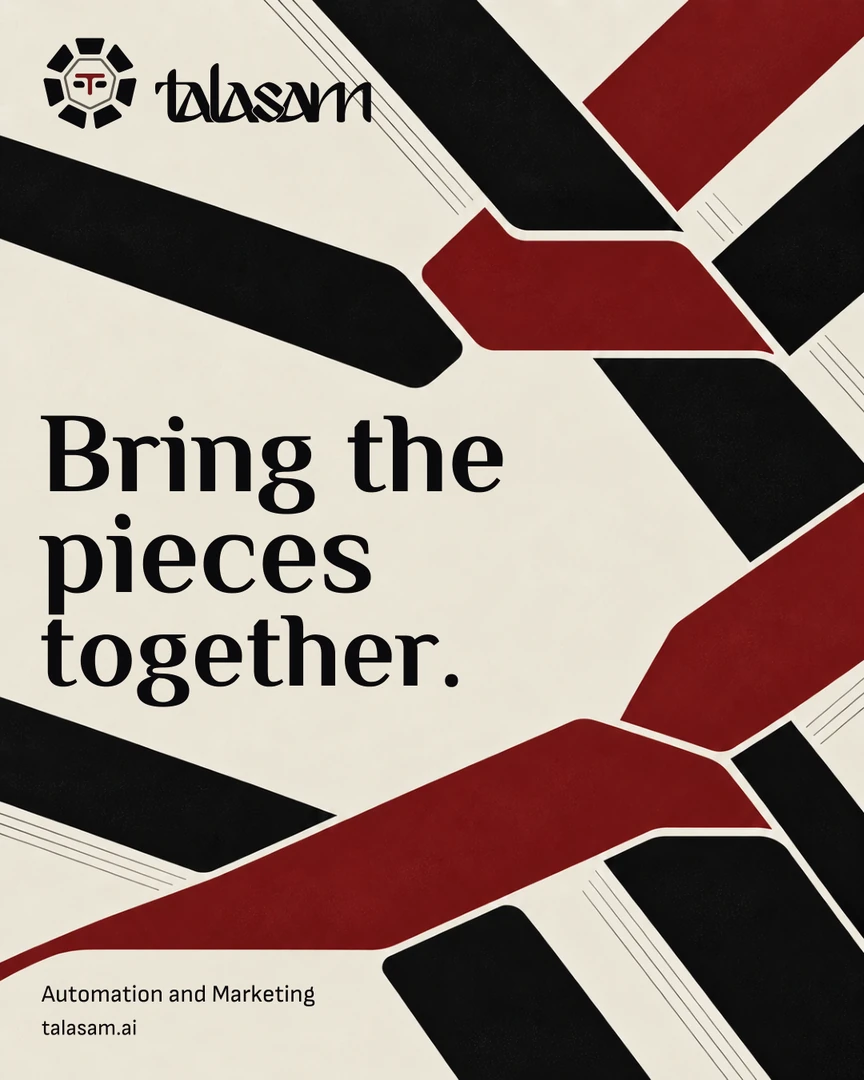 Black and crimson bands interlock across a bone page around the three-line headline Bring the pieces together. The Talasam seal and wordmark sit top left, and Automation and Marketing, talasam.ai, bottom left.