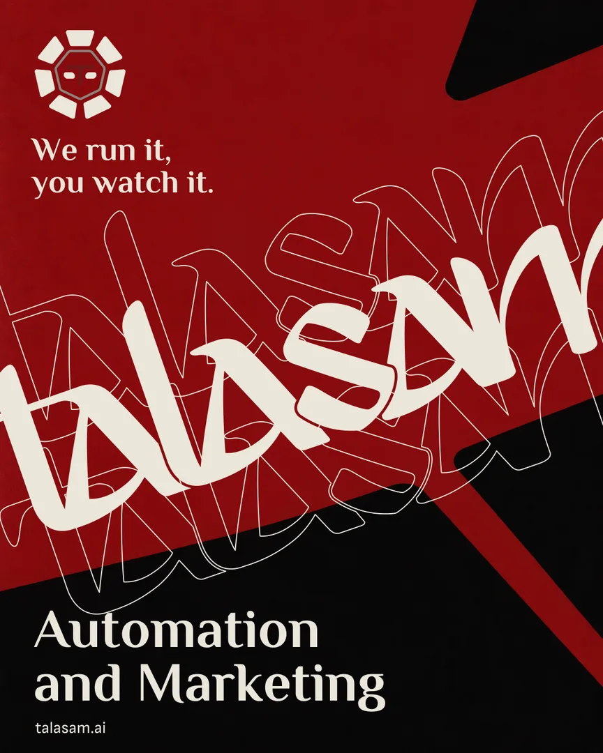 A monumental diagonal Talasam wordmark and outline echoes on crimson. The lower black field reads Automation and Marketing.